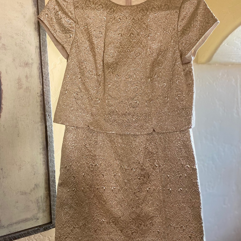 Baroque gold fabric cocktail dress.